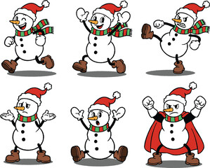 Set of retro cartoon Snowman characters with various poses and actions. Vintage 1930s rubber hose style vector illustration.