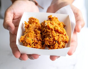 Close-up shot of two crispy pieces of fried food in a white paper container held by human hands. Food rests on white paper