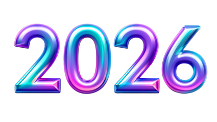 Holographic 3D 2026 Text with Iridescent Gradient and Futuristic Chrome-Glass Style on White Background
