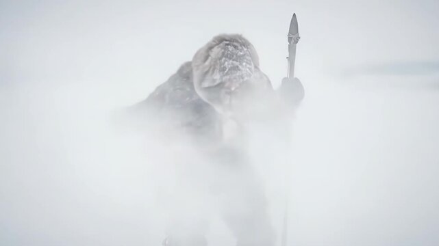Bearded explorer navigating snowy terrain with spear in traditional fur garments