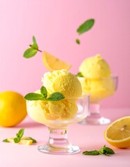 Close-up shot of two glass dessert bowls filled with bright yellow frozen treat, garnished with mint, and lemon wedges, on a pink surface