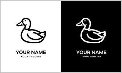 Elegant line art duck logo design presented in both black on white and white on black versions, featuring customizable name and tagline text.