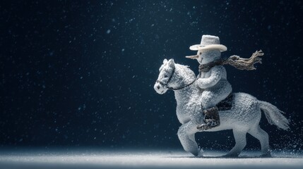Snowman Cowboy in Winter Wonderland: A whimsical snowman cowboy rides gallantly atop a frosted steed through a serene, snowy landscape, creating a scene of winter joy and adventure.