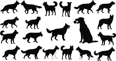 Dog Breeds Black Silhouette Vector Collection, Set of Various Canines in Different Poses, Standing, Running, and Sitting with Ball, Pet Shop, Veterinary, and Animal Service Graphic Elements