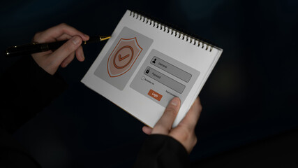 Close-up view of hands holding a notebook featuring a security login interface, emphasizing themes of cybersecurity and digital protection in a modern workspace. Gantry