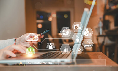 Woman using credit card and laptop with futuristic AI finance interface, representing online...