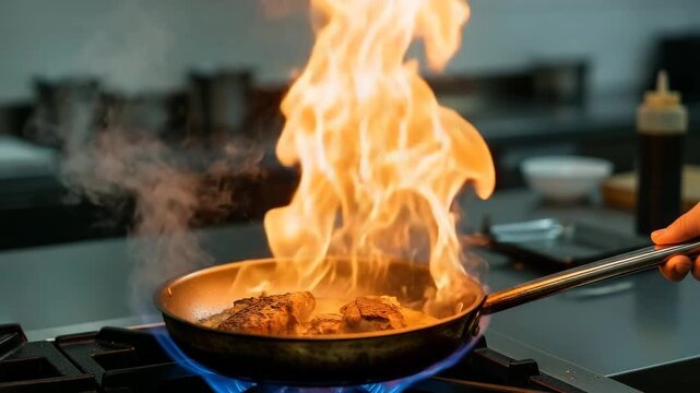 Chef cooking meat with dramatic mood over open flame against professional kitchen background