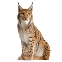 Fototapeta premium Majestic wild feline with large pointed ears and striking amber eyes, sitting upright with alert expression on pure white background