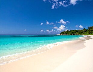 Fototapeta premium Sunny seascape turquoise water meets white sand under a blue sky