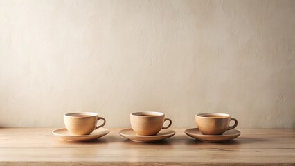 Fototapeta premium Three ceramic coffee cups arranged on a wood surface against a neutral backdrop