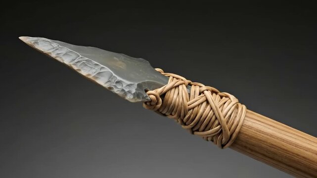Closeup of handcrafted flint arrowhead tied to wooden shaft with natural twine