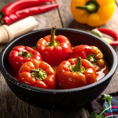 Close-up shot showcasing stuffed red peppers swimming in a rich, savory sauce, prepared on a wooden surface with additional ingredients