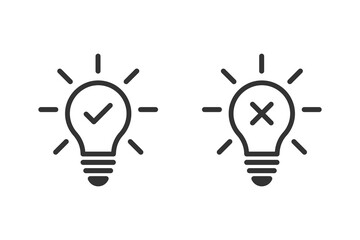 Light bulb check and cross mark icon. Business lamp with checkmark and x sign symbol. Idea icon concept. Idea approval and rejection symbol
