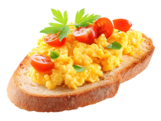 Close-up of a hearty breakfast slice of bread topped with fluffy scrambled eggs cherry tomato slices fresh green herbs for a nutritious and colorful