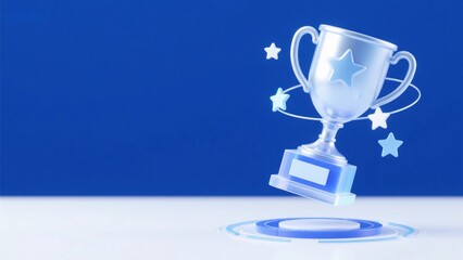 Bottom blue and white three-dimensional technology plane, a tech award cup floating on the right side of the picture, a few stars rotating around the award