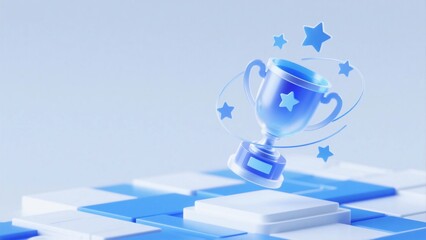 Bottom blue and white three-dimensional technology plane, a tech award cup floating on the right side of the picture, a few stars rotating around the award