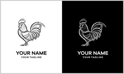 Monochrome rooster logo design featuring detailed line art, presented on contrasting black and white backgrounds.