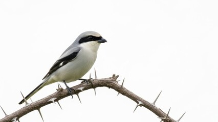 Sleek grey shrike perched along arching thorny branch, bold black eye mask and pale plumage contrasting stark white sky, vigilant little predatory songbird scanning open countryside

