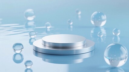 A double-decker silver circular display stand with a modern and high-tech transparent bubble background.