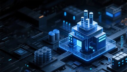 Blue UI design, a high-tech data factory, surrounded by complex data fields