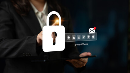 A professional individual engages in secure online authentication, entering an OTP code on a tablet, ensuring data safety with a digital padlock symbolizing cybersecurity measures. Gantry