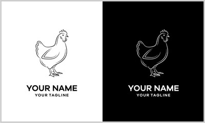 Fototapeta premium Monochrome outline chicken logo design template presented on contrasting black and white backgrounds, featuring customizable text.