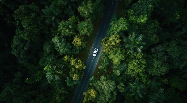 Road Through the Emerald Canopy: An aerial perspective captures a car traversing a winding road through a dense, vibrant forest, creating a sense of adventure and the open road.