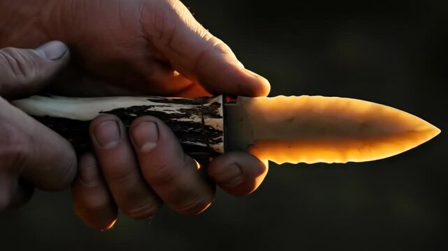 Closeup sequence of handcrafted stone knife held and examined in warm natural light