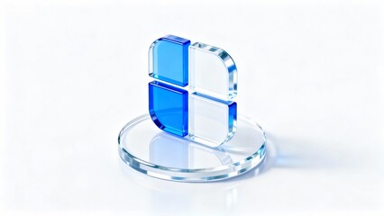 Square grid icon 3D transparent glass material, blue and white color isometric perspective round base icon