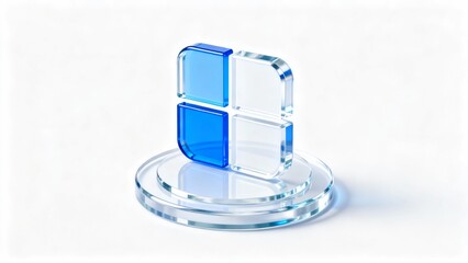 Square grid icon 3D transparent glass material, blue and white color isometric perspective round base icon