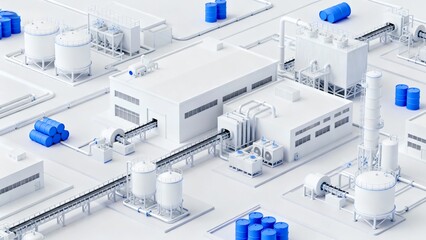 Rendering, isometric view, industrial scene, the main subject of the picture is a modern factory with white buildings and various industrial equipment.