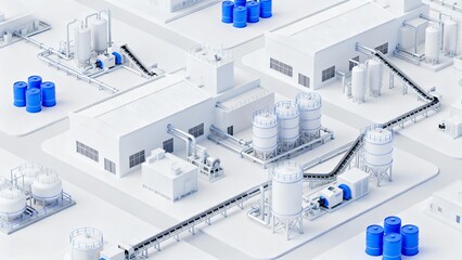 Rendering, isometric view, industrial scene, the main subject of the picture is a modern factory with white buildings and various industrial equipment.