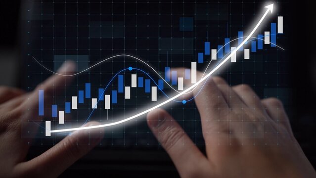 Close-up view of hands engaging with an interactive digital financial chart that indicates a positive growth trend, conveying ideas of investment and market analysis. Copula - Powered by Adobe