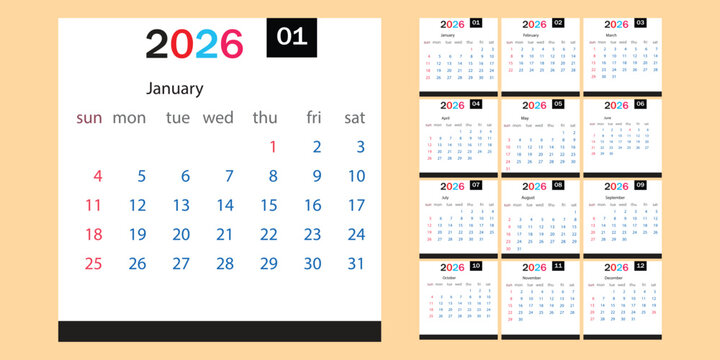 2026 calendar overview with monthly grids and year at a glance