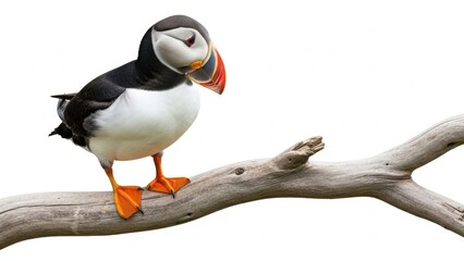 Charming Atlantic puffin balancing on weathered driftwood branch, black and white body with colorful triangular bill and orange feet, iconic seabird portrait from northern ocean cliffs

