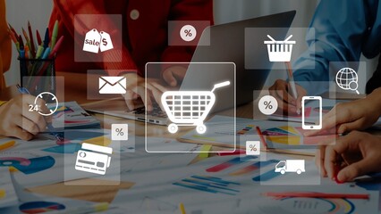 A dynamic workspace showcasing hands collaborating over a laptop, surrounded by digital shopping icons, illustrating e-commerce strategies and brand engagement in today market. Raster