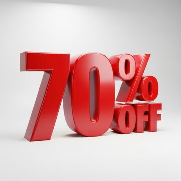 Bold red 70% off sale text graphic dramatic 3d numbers for promotional marketing campaigns and retail advertisements. isolated on white background