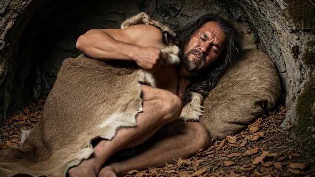 Prehistoric man sleeping in cave: primitive shelter, survival instincts revealed
