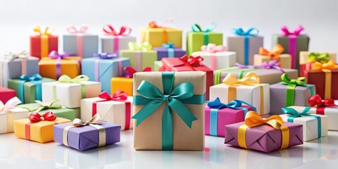 A delightful collection of wrapped presents, adorned with vibrant ribbons and bows, creates a festive and celebratory scene.
