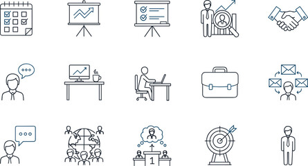 Business management icons illustrating planning, productivity, leadership, communication, teamwork, goals, analytics, corporate workflow, professional development, employee performance, and 