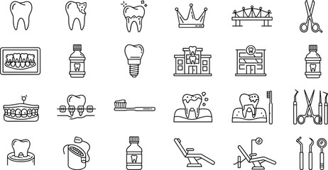 Dental care icons illustrating teeth cleaning, oral hygiene tools, dental implants, orthodontic braces, clinic equipment, tooth health, and professional dentistry services