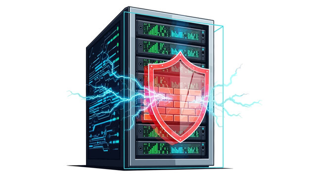 Server with shield. Protected computer server. Red shield icon. Blue circuit lines. Vector illustration of secure server on white background. Cyber security concept. Data protection symbol.