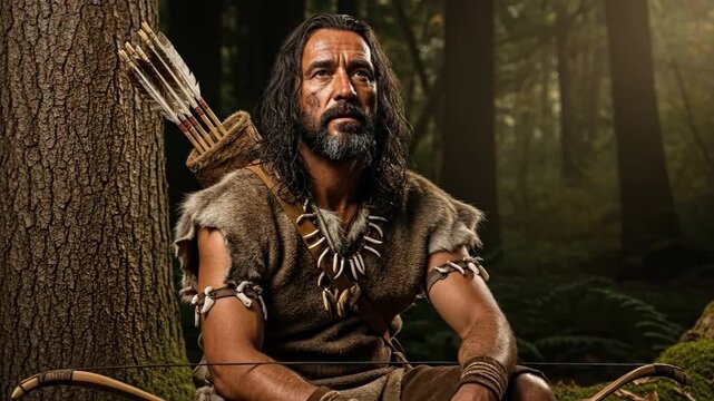 Ancient archer in forest: a hunter's vigil with bow and arrow in tranquil woodland
