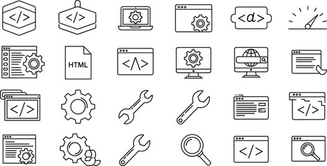 Fototapeta premium Web development icons featuring coding tools, HTML files, browser windows, programming interfaces, gear settings, debugging symbols, optimization tools, and front-end engineering concepts