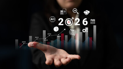 Bar graphs, charts, and number 2026 with AI and data analysis icons symbolizing future business innovation and analytics Parse
