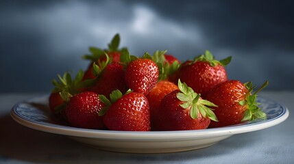 A plate piled with fresh ripe strawberries against a dramatic dark and cloudy sky
