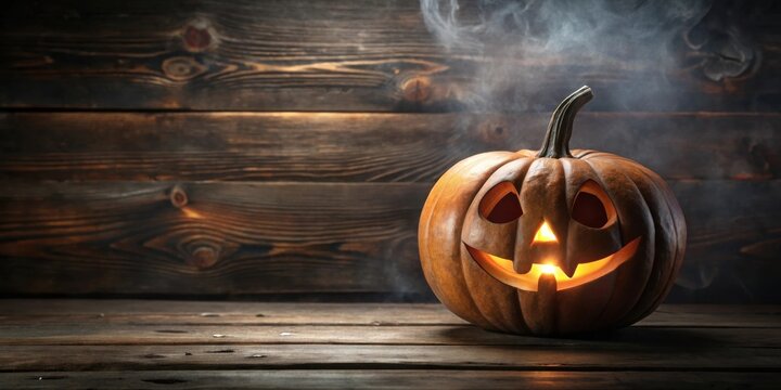Illuminated autumnal gourd with carved face sits on rustic wooden surface, emitting warm light amidst smoky atmosphere.