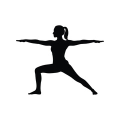 Warrior II yoga pose silhouette, woman practicing asana, fitness exercise, health wellness vector