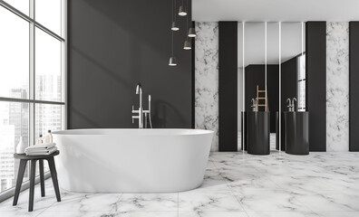 Elegant bathroom interior with white bathtub, marble walls and floor, minimal lighting and modern...