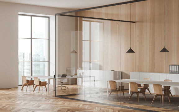 Fototapeta Contemporary office interior featuring wood panel walls, glass partitions, and modern furniture on a bright cityscape background. Concept of workspace design. 3D Rendering